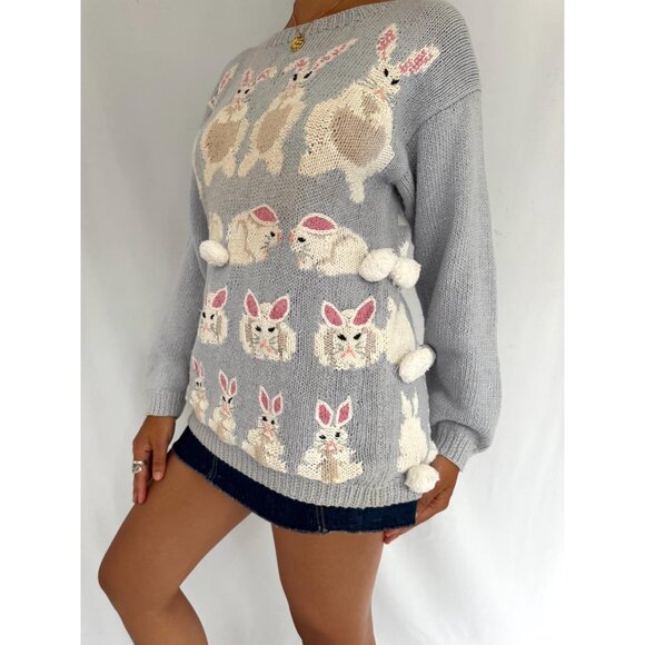 90s vintage bunny rabbit easter holiday novelty animal ugly hand knit sweater - Picture 2 of 8